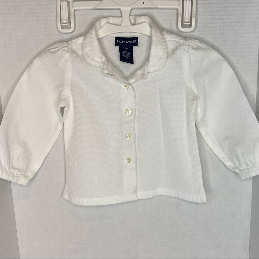 Ralph Lauren Girl’s Waffle Weave Button Down Blouse, White, 24 Months.